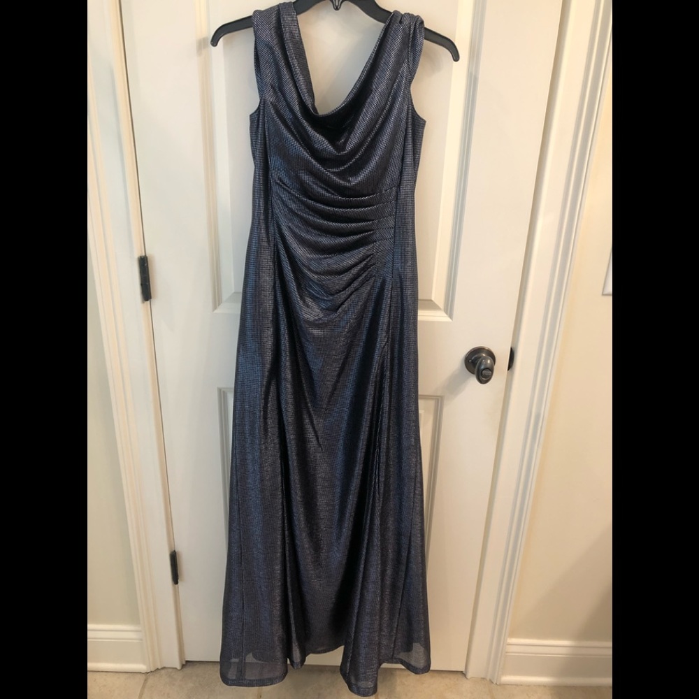 Formal Tahari brand gown, shimmering silvery blue, size 8, worn once, like new.